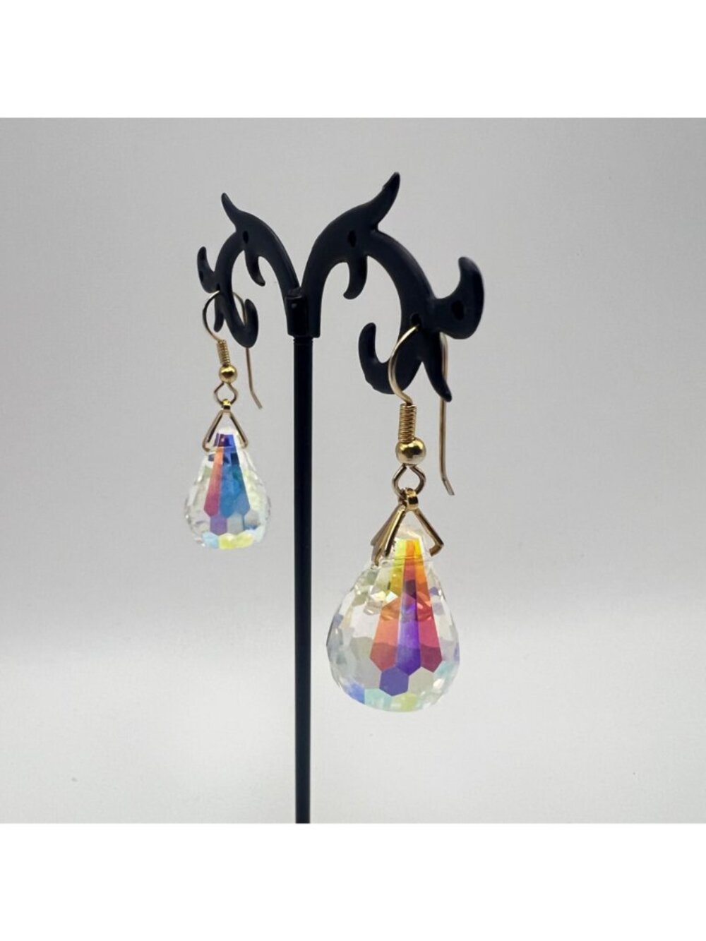 Vintage AB Crystal Teardrop Pendant Necklace Earrings Set Gold-Tone 24" Japan - Picture 6 of 11